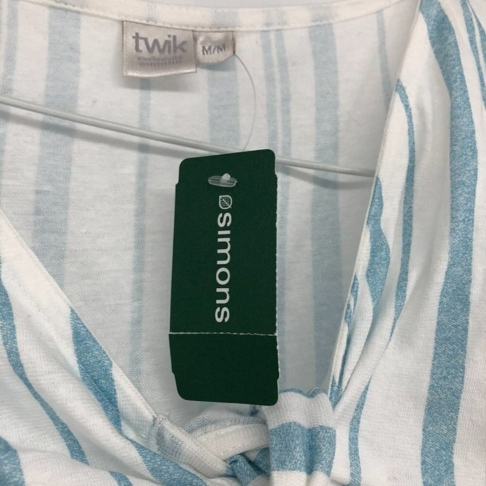 TWIK Simons blue white stripe tie front short sleeve crop top M - Picture 7 of 14